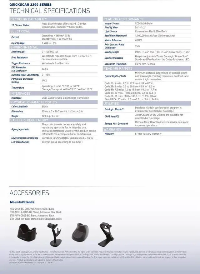 Alt view image 4 of 4 - Datalogic QD2220-BKK1 Handheld 2D Barcode Scanner Extra-long Scan Line USB Cable
