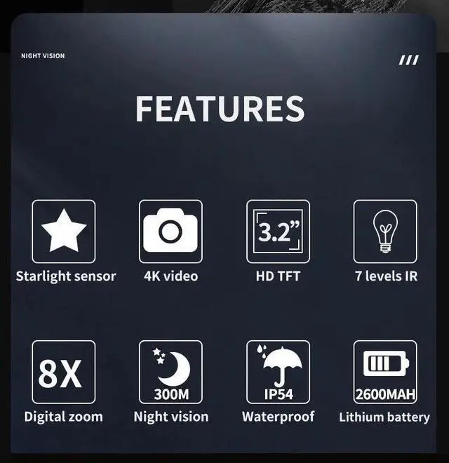 Alt view image 7 of 7 - NV2180 36MP 4K 8X Night Vision Binoculars IR Night Vision w/ 3.2" HD Screen pe66