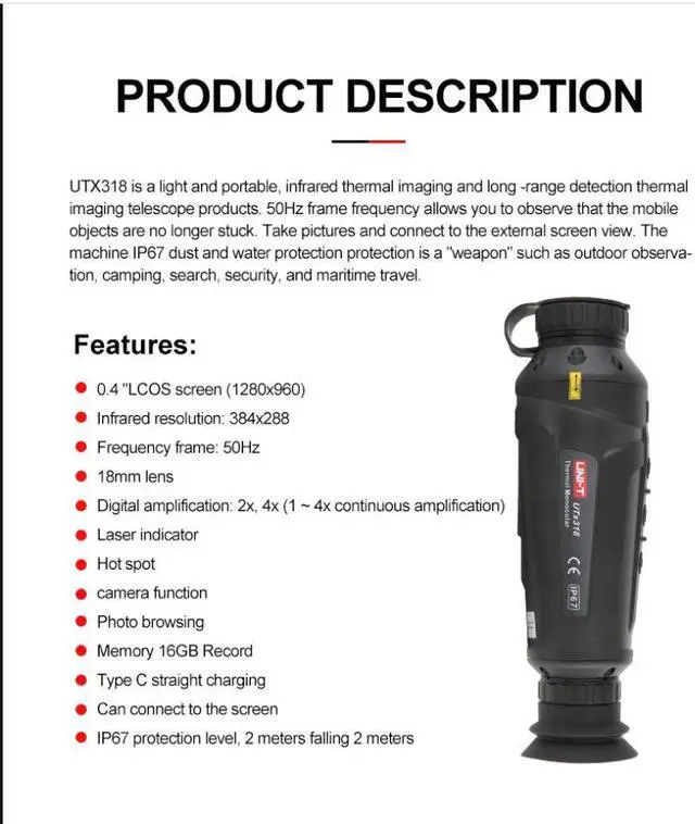 Alt view image 3 of 7 - UNI-T UTx318 Thermal Monocular Telescope 384×288 Pixels Thermal Imager For Hunting Thermographic Camera Night Vision IP67.