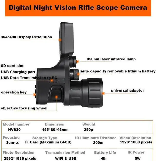 Alt view image 2 of 7 - NVS30 Digital Night Vision Rifle Scope Camera WIFI Connecting 5W 850nm IR Power