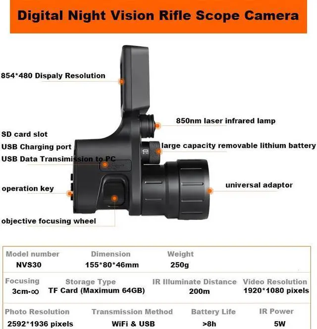 Alt view image 3 of 7 - 1080P NVS30 Digital Night Vision Scope Sights Infrared Cameras APP WIFI Camera