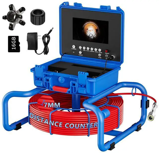 Main image of 7" Sewer Pipe Inspection Video Camera AHD Rec Screen, 23mm Probe, 512Hz, Sapphire Lens, 1080P, 145°, 80m Endo, 4500mAh, 12 LEDs, 16GB, 7mm Cable