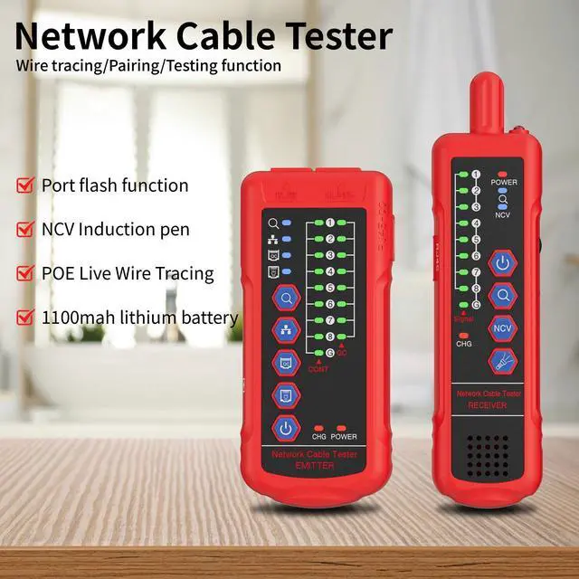 Main image of U830TX840RX Digital Network Tester: RJ11/RJ45/Cat5/6 w/ Port Flashing, NCV Detection & Noise-Free Tech for Electricians/Network Engineers