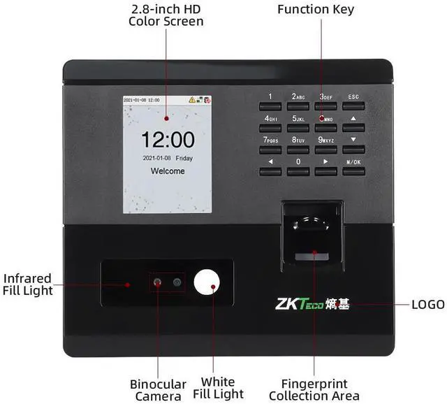 Alt view image 2 of 7 - ZKTeco nFace102-S TCP/IP Facial Recognition Fingerprint Time Attendance Control
