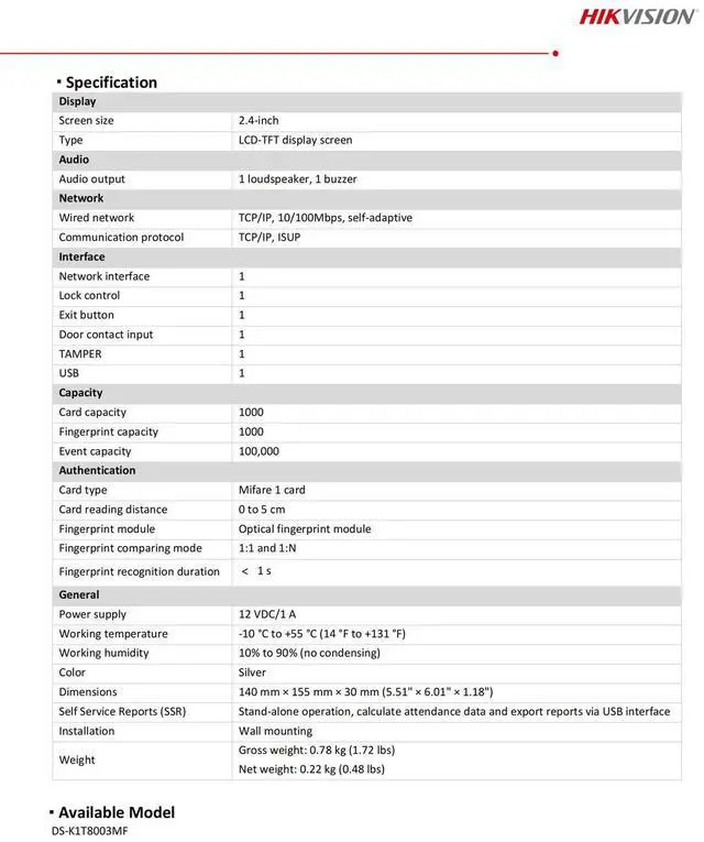 Alt view image 4 of 5 - DS-K1T8003MF 2.4-inch LCD Fingerprint Time Attendance Terminal IP Access Control