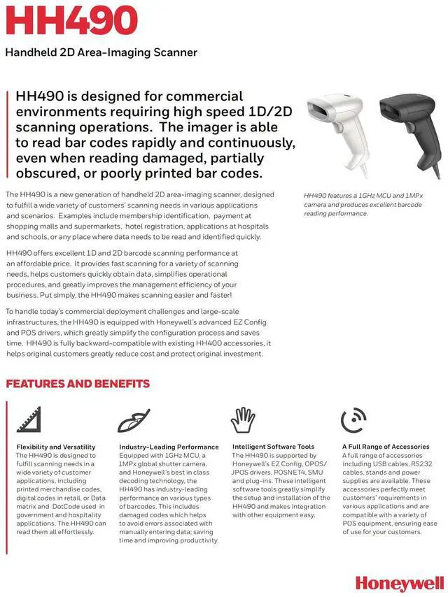 Alt view image 6 of 7 - Hon,eywell HH490-1-1USB-V Handheld 1D/2D Area-Imaging Barco,de Scann,er w USB Cable