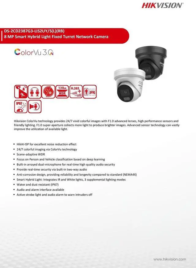 Alt view image 3 of 7 - Hi,kvision 4k 8MP DS-2CD2387G3-LIS2UY/SRB AI ColorVu3.0 Smart-Hybrid-Light Camera Black
