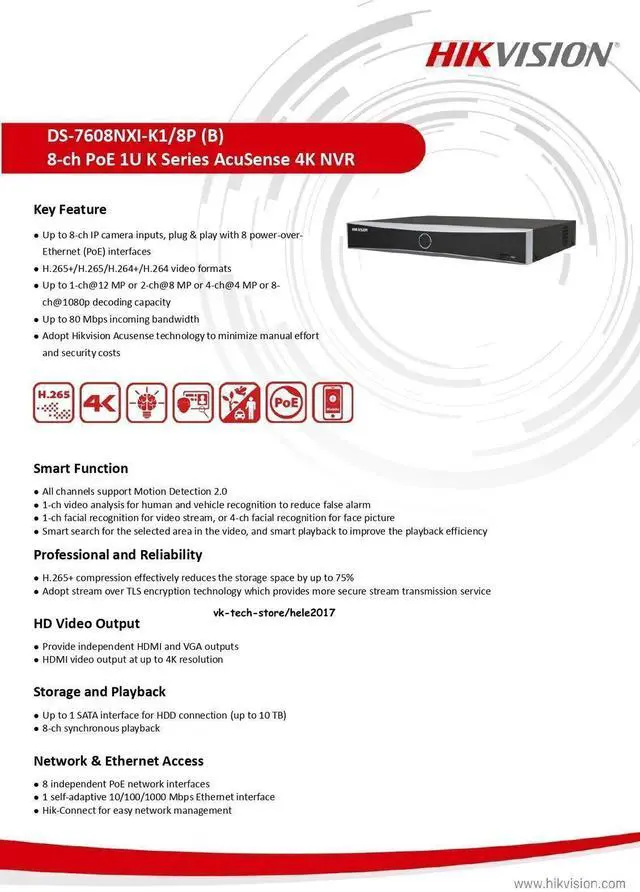 Alt view image 4 of 7 - New Hi,kvision DS-7608NXI-K1/8P AI 8Channel 8CH PoE NVR Smart AcuSense 4K 12MP NVR