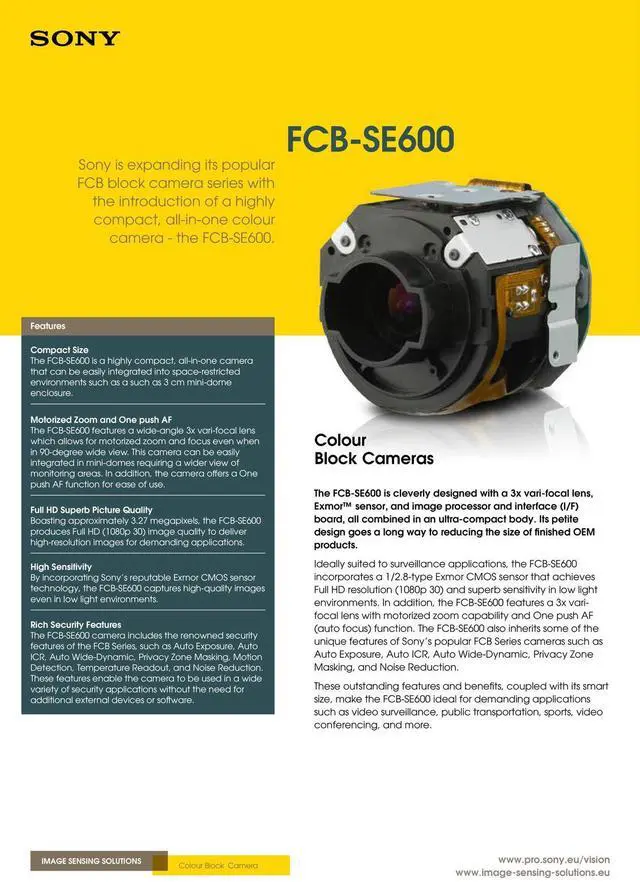 Alt view image 6 of 7 - S,O,NY FCB-SE600 All-in-one Colour Block Camera Series With 3x Vari-Focal Lens