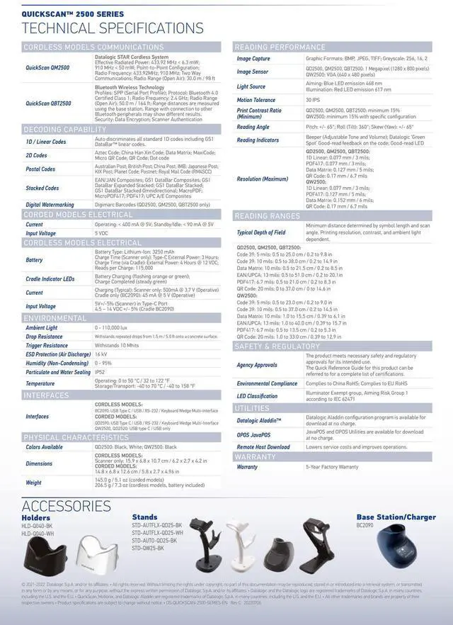 Alt view image 6 of 6 - Da,tal,ogic QBT2500-BK-BTK1 1D/2D Barco,de Wireless Bluetooth Scann,er USB Kit