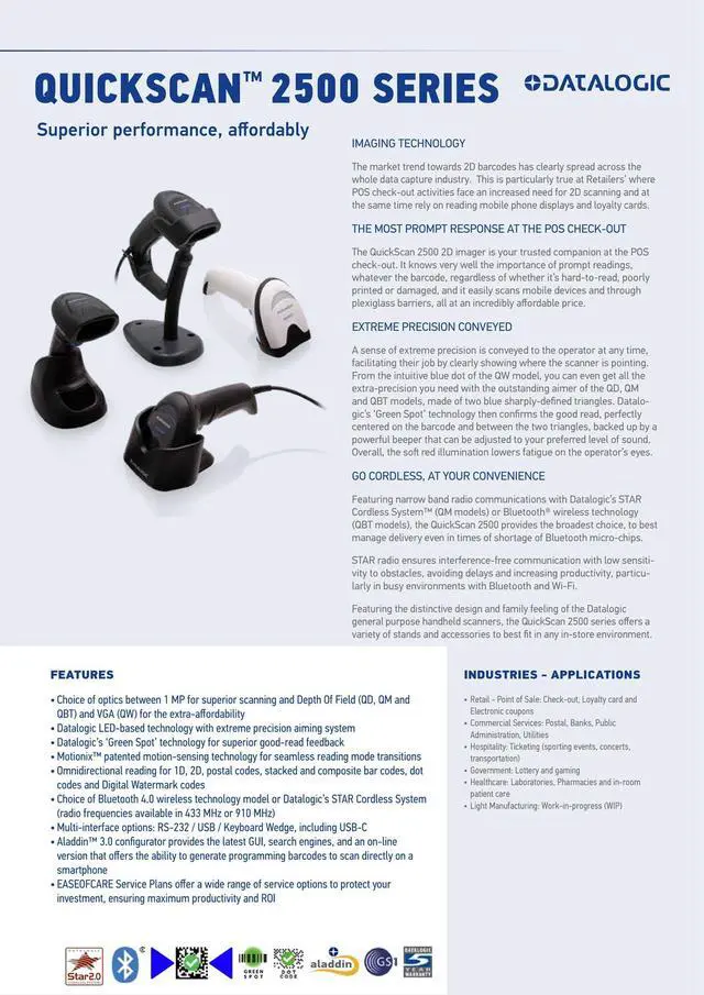 Alt view image 4 of 5 - Da,talo,gic Quickscan QBT2500-BK-BTK+ Bluetooth 1D 2D Barco,de Scann,er W/ USB Cable