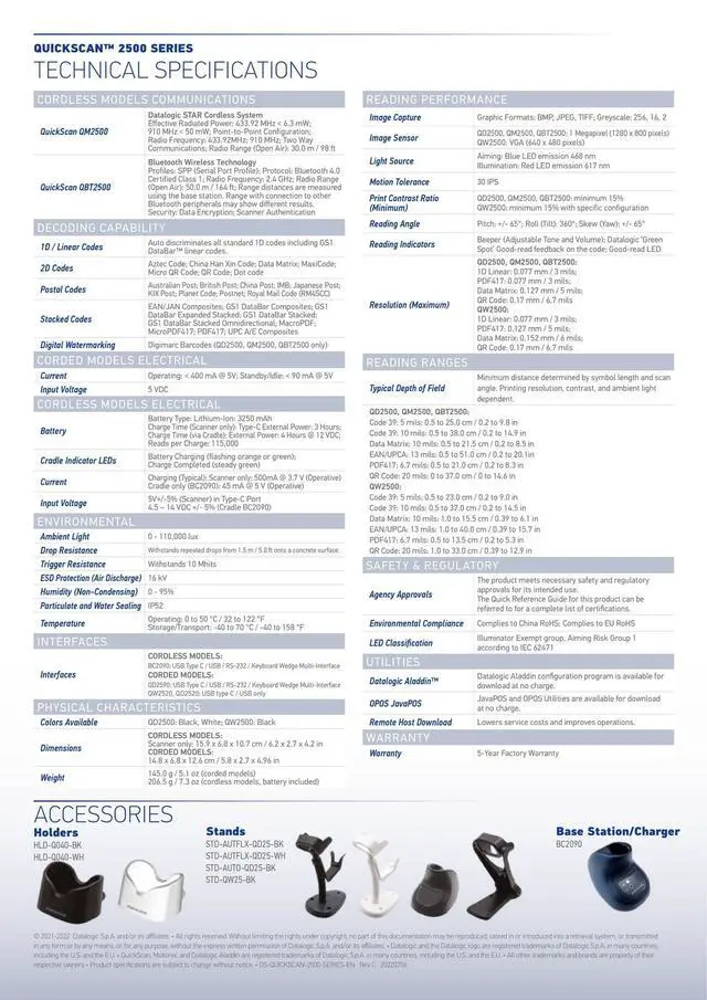 Alt view image 5 of 5 - Da,talo,gic Quickscan QBT2500-BK-BTK+ Bluetooth 1D 2D Barco,de Scann,er W/ USB Cable
