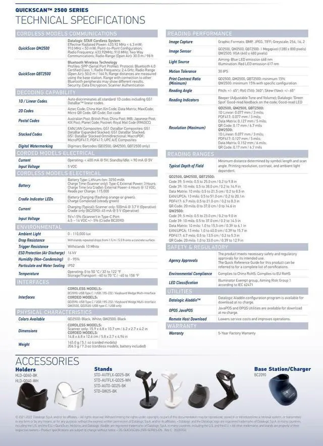 Alt view image 5 of 5 - Da,tal,ogic Quickscan QBT2500-BK-BTK+ Bluetooth 2D USB Barco,de Scann,er W/ Cable