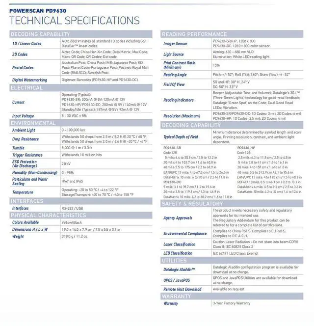 Alt view image 7 of 7 - Da,talo,gic PD9630-HP Ultra-Rugged Cordless 1D/2D Barco,de Scann,er IP67 Industrial USB/RS232 Kit RS232