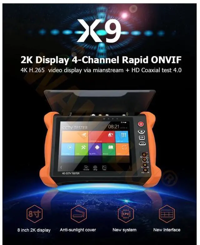 Alt view image 5 of 7 - 8Inch Touch Monitor All-in-One CCTV Tester w/ DMM, PoE, 4K, ONVIF, Cable Tracker X9-ADHS