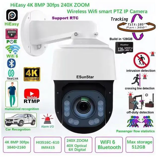 Main image of 240X ZOOM 4K 8MP 30fps Wireless WiFi POE Speed Dome PTZ IP Camera Smart Tracking Camera+128GB Card