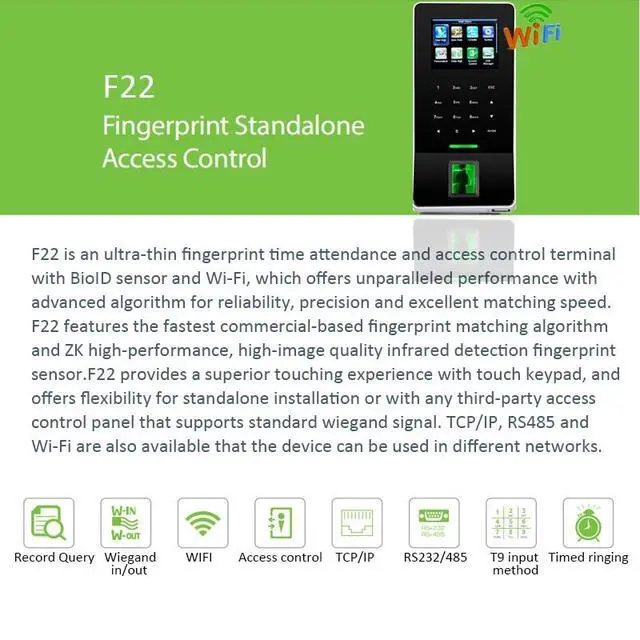 Alt view image 7 of 7 - ZKTeco F22 WiFi TCP/IP Access Control Ultra-thin Fingerprint Time Attendance