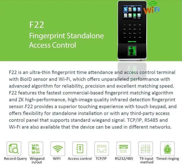 Alt view image 6 of 7 - ZKTeco F22 IC/ID WiFi/ADMS TCP/IP Biometric Fingerprint Access Time Attendance