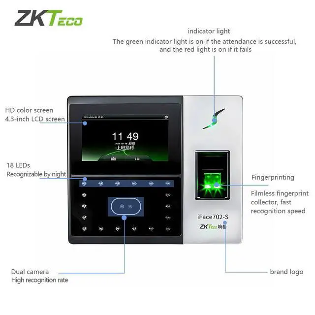 Alt view image 7 of 7 - ZKTeco iFace702-S Biometric Facial + Fingerprint Door Access Control Checking-in