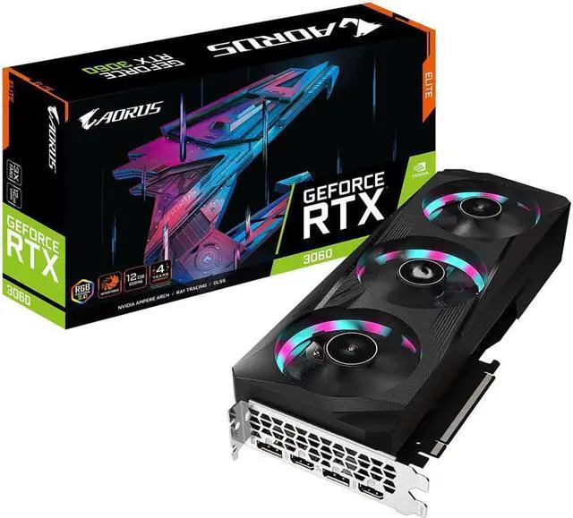 Main image of GIGABYTE AORUS GeForce RTX 3060 ELITE 12G Graphics Card, 3 x WINDFORCE Fans, 12GB 192-bit GDDR6, GV-N3060AORUS E-12GD Video Card