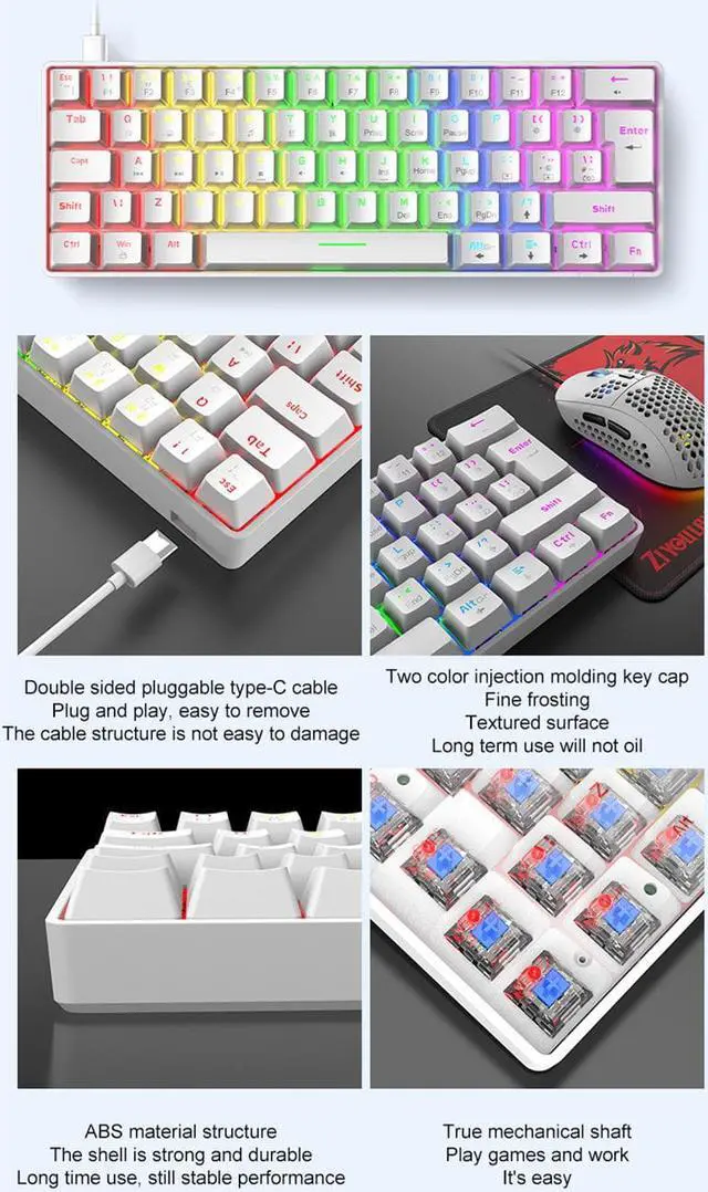 Alt view image 3 of 5 - T60 mechanical gaming keyboard blue switch 62-key USB type C wired keyboard with 18 RGB light effects, suitable for desktop PC gamers. Plug and Play High Response Ergonomic Gaming Wired Keyboard