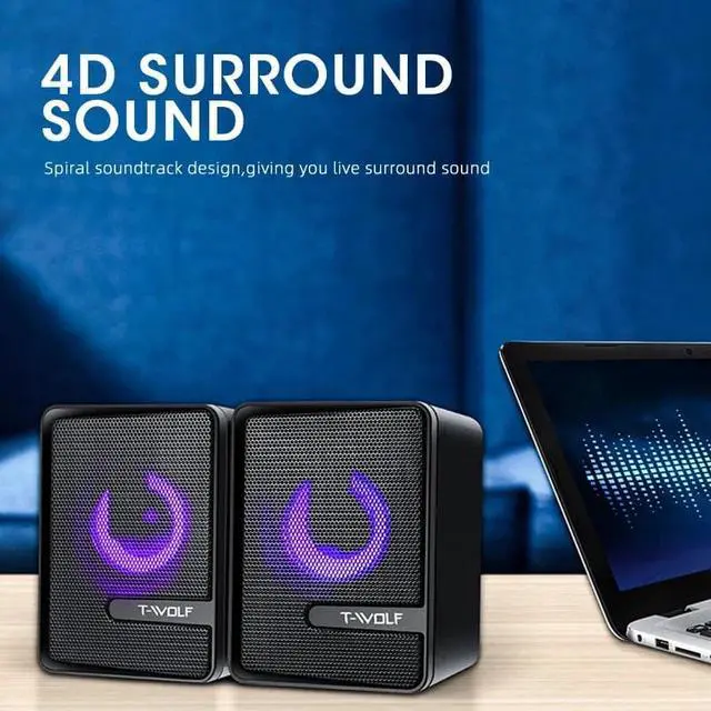 Alt view image 6 of 7 - T-Wolf S3 RGB Gaming Computer Speakers USB-Powered Wired PC Dual Speakers With Colorful LED Light, stereo speakers, 3.5mm Aux Input, USB power interface, surround sound