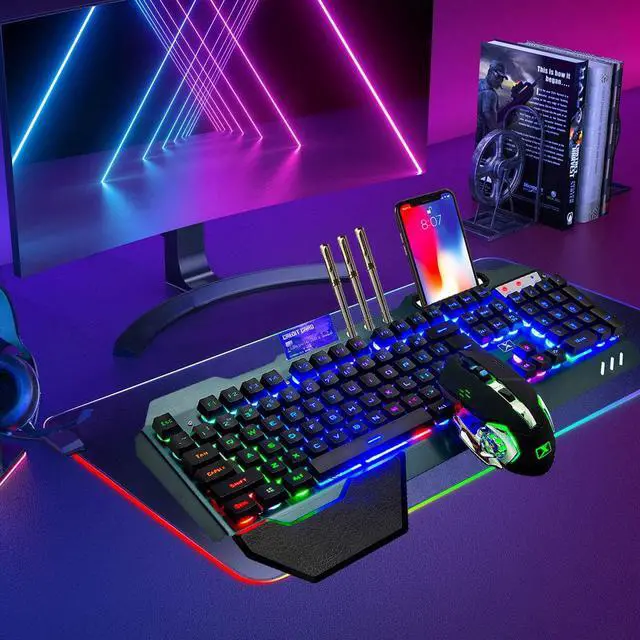 Alt view image 6 of 7 - Wireless Gaming Keyboard and Mouse,Rainbow Backlit Rechargeable Keyboard Mouse with 3800mAh Battery Metal Panel,Removable Hand Rest Mechanical Feel Keyboard and 7 Color Gaming Mute Mouse for PC Gamers