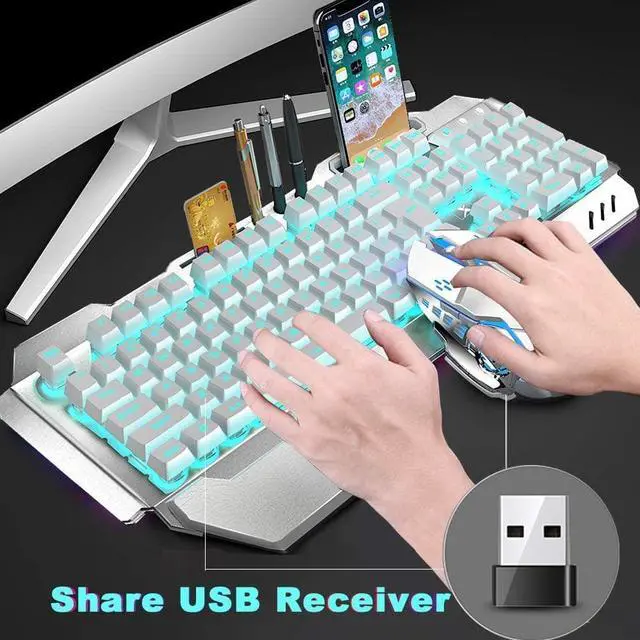 Alt view image 2 of 8 - Wireless Gaming Keyboard and Mouse,Rainbow Backlit Rechargeable Keyboard Mouse with 3800mAh Battery Metal Panel,Removable Hand Rest Mechanical Feel Keyboard and 7 Color Gaming Mute Mouse for PC Gamers