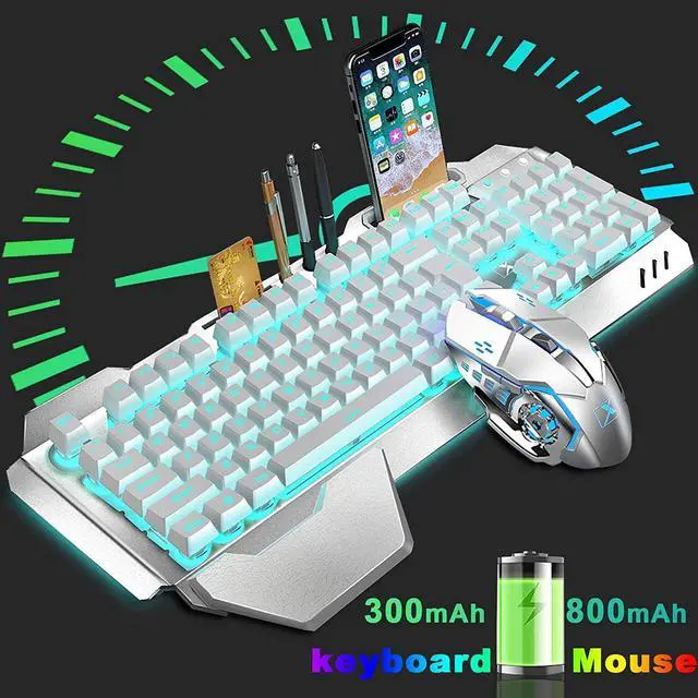 Alt view image 4 of 8 - Wireless Gaming Keyboard and Mouse,Rainbow Backlit Rechargeable Keyboard Mouse with 3800mAh Battery Metal Panel,Removable Hand Rest Mechanical Feel Keyboard and 7 Color Gaming Mute Mouse for PC Gamers