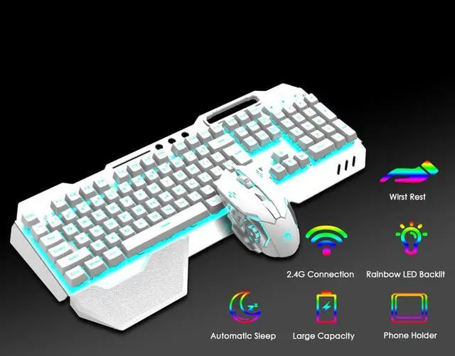 Alt view image 6 of 8 - Wireless Gaming Keyboard and Mouse,Rainbow Backlit Rechargeable Keyboard Mouse with 3800mAh Battery Metal Panel,Removable Hand Rest Mechanical Feel Keyboard and 7 Color Gaming Mute Mouse for PC Gamers