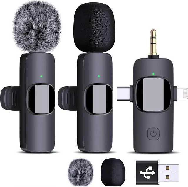 Main image of Dual Wireless Lavalier Microphones for iPhone Android Camera Laptop PC, 4 in 1 Wireless Lapel Mic for Video Recording Vlog, YouTube, TikTok, With Lightning/USB-C/3.5mm/USB Plug