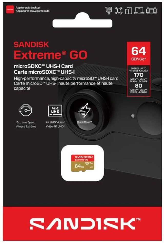 Alt view image 5 of 5 - SanDisk Extreme GO microSD 64GB microSDXC Memory Card, Up to 170MB/s UHS-I U3 4K V30 A2 for Android SDSQXGN-064G-GN6MN + Adapter
