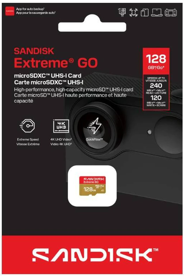 Alt view image 5 of 5 - SanDisk Extreme GO microSD 128GB microSDXC Memory Card, Up to 240MB/s UHS-I U3 4K V30 A2 for Android SDSQXGN-128G-GN6MN + Adapter