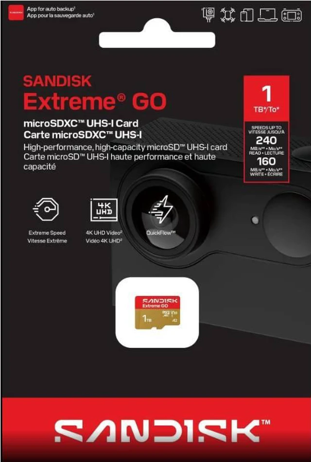 Alt view image 5 of 5 - SanDisk Extreme GO microSD 1TB microSDXC Memory Card, Up to 240MB/s UHS-I U3 4K V30 A2 for Android SDSQXGN-1T00-GN6MN + Adapter