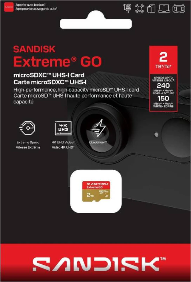 Alt view image 5 of 5 - SanDisk Extreme GO microSD 2TB microSDXC Memory Card, Up to 240MB/s UHS-I U3 4K V30 A2 for Android SDSQXGN-2T00-GN6MN + Adapter