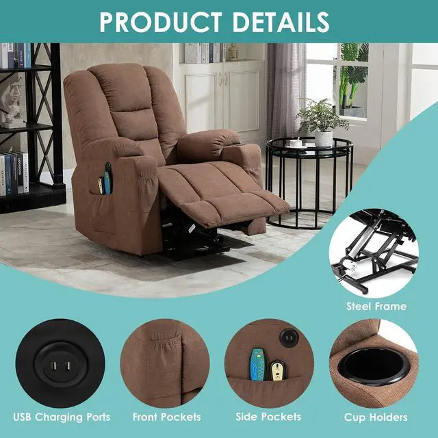 Alt view image 4 of 7 - MEETWARM Power Lift Chair Electric Recliner for Elderly Heated Vibration Massage Soft Fabric Recliner Chair with 2 Remote Controls, USB Ports, Cup Holders & Side Pockets for Living Room (Coffee)