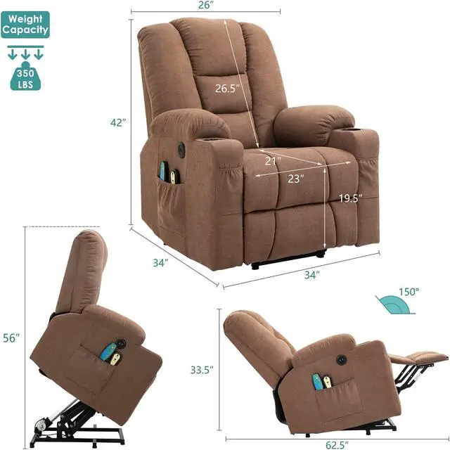 Alt view image 5 of 7 - MEETWARM Power Lift Chair Electric Recliner for Elderly Heated Vibration Massage Soft Fabric Recliner Chair with 2 Remote Controls, USB Ports, Cup Holders & Side Pockets for Living Room (Coffee)