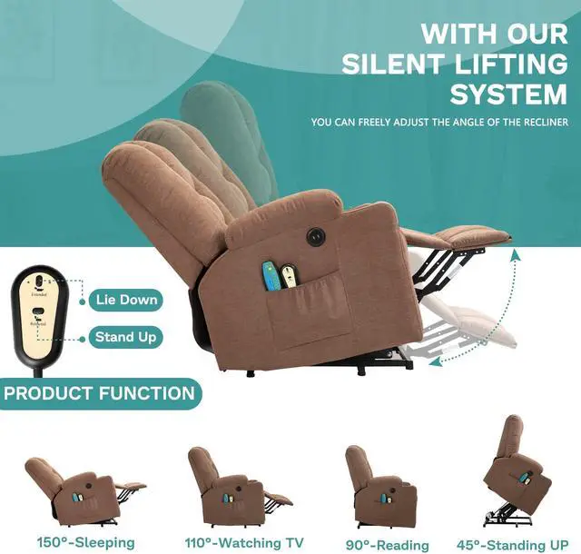 Alt view image 6 of 7 - MEETWARM Power Lift Chair Electric Recliner for Elderly Heated Vibration Massage Soft Fabric Recliner Chair with 2 Remote Controls, USB Ports, Cup Holders & Side Pockets for Living Room (Coffee)