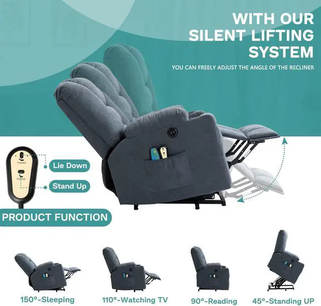 Alt view image 6 of 7 - MEETWARM Power Lift Chair Electric Recliner for Elderly Heated Vibration Massage Soft Fabric Recliner Chair with 2 Remote Controls, USB Ports, Cup Holders & Side Pockets for Living Room (Gray-Blue)