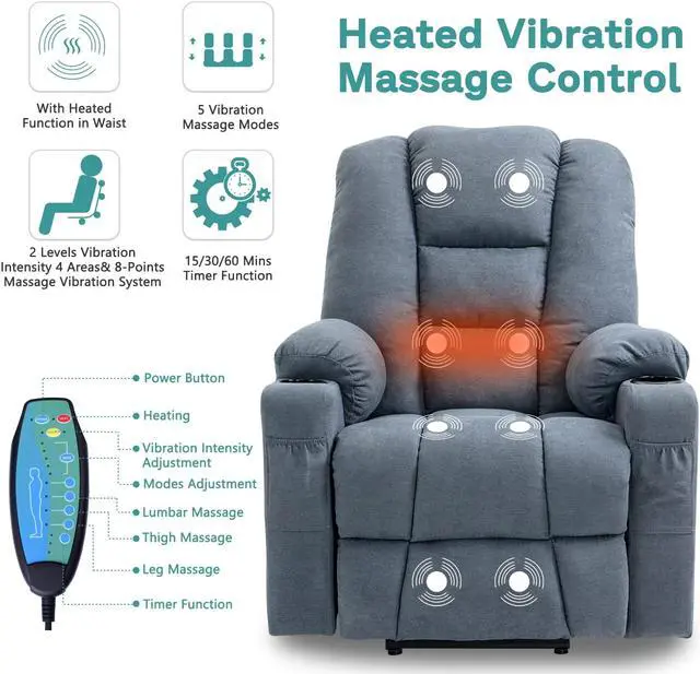 Alt view image 2 of 7 - MEETWARM Power Lift Chair Electric Recliner for Elderly Heated Vibration Massage Soft Fabric Recliner Chair with 2 Remote Controls, USB Ports, Cup Holders & Side Pockets for Living Room (Gray-Blue)