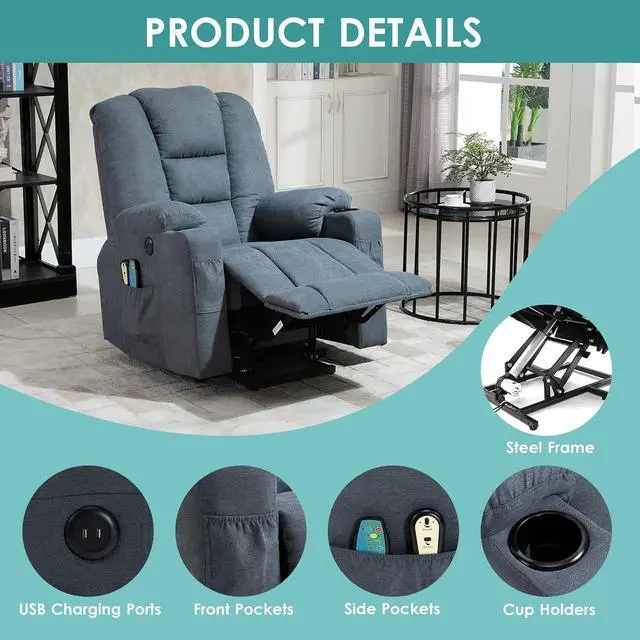 Alt view image 4 of 7 - MEETWARM Power Lift Chair Electric Recliner for Elderly Heated Vibration Massage Soft Fabric Recliner Chair with 2 Remote Controls, USB Ports, Cup Holders & Side Pockets for Living Room (Gray-Blue)