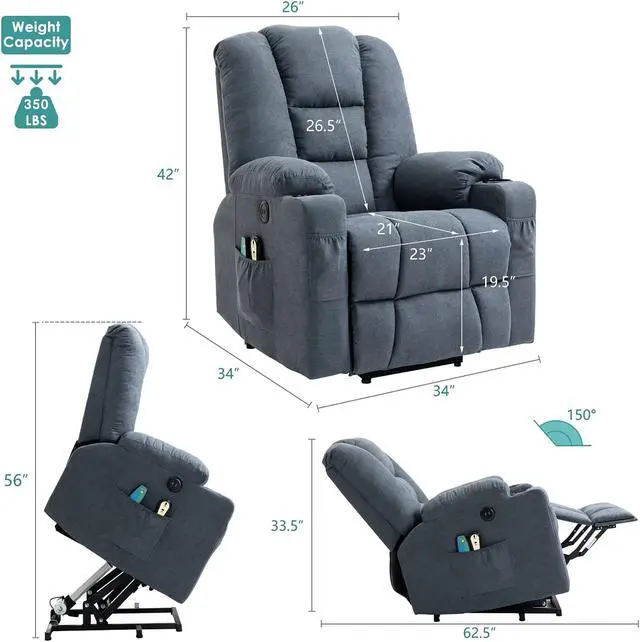 Alt view image 5 of 7 - MEETWARM Power Lift Chair Electric Recliner for Elderly Heated Vibration Massage Soft Fabric Recliner Chair with 2 Remote Controls, USB Ports, Cup Holders & Side Pockets for Living Room (Gray-Blue)