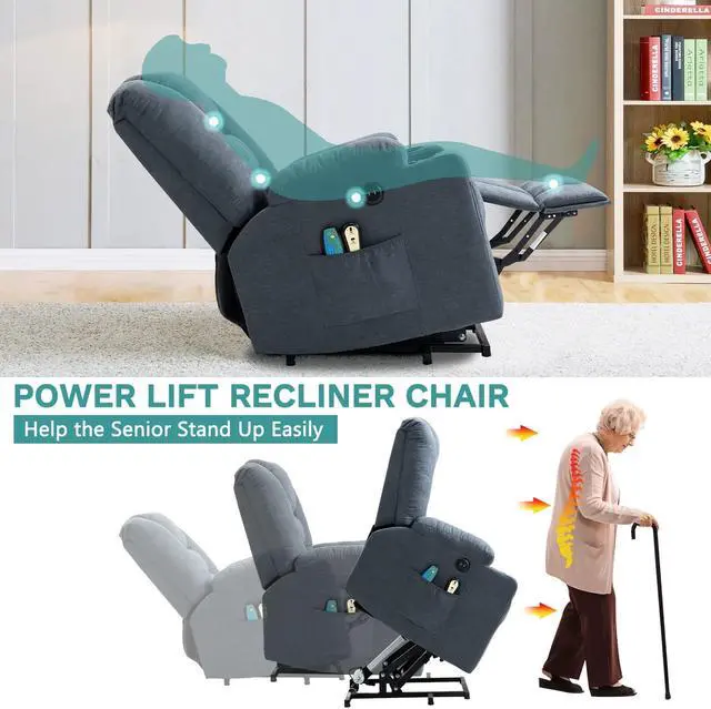 Alt view image 3 of 7 - MEETWARM Power Lift Chair Electric Recliner for Elderly Heated Vibration Massage Soft Fabric Recliner Chair with 2 Remote Controls, USB Ports, Cup Holders & Side Pockets for Living Room (Gray-Blue)