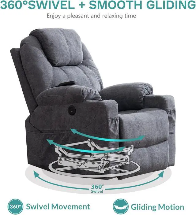 Alt view image 2 of 7 - MEETWARM Swivel Rocker Massage Recliner Chair with Heat Ergonomic, Manual Glider Rocking Recliner Chair, 360° Swivel Lounge Reclining Chair with Cup Holders/4 Pockets/Remote Control/USB Ports (Gray)
