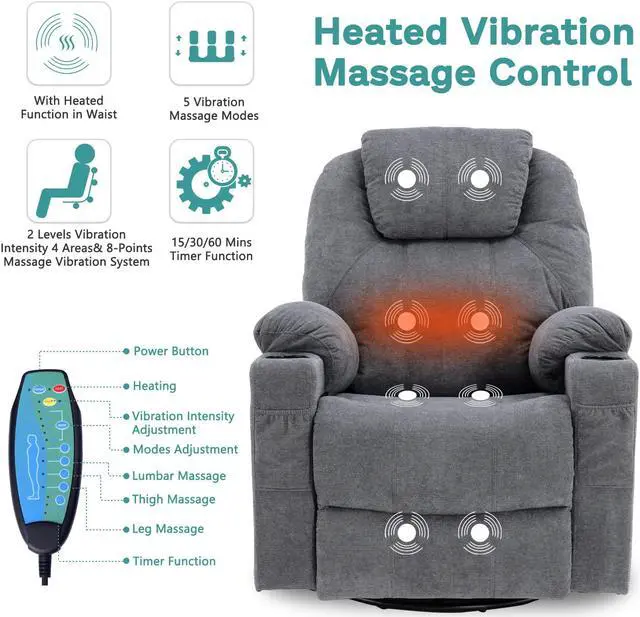 Alt view image 3 of 7 - MEETWARM Swivel Rocker Massage Recliner Chair with Heat Ergonomic, Manual Glider Rocking Recliner Chair, 360° Swivel Lounge Reclining Chair with Cup Holders/4 Pockets/Remote Control/USB Ports (Gray)