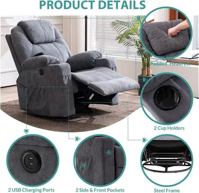 Alt view image 4 of 7 - MEETWARM Swivel Rocker Massage Recliner Chair with Heat Ergonomic, Manual Glider Rocking Recliner Chair, 360° Swivel Lounge Reclining Chair with Cup Holders/4 Pockets/Remote Control/USB Ports (Gray)