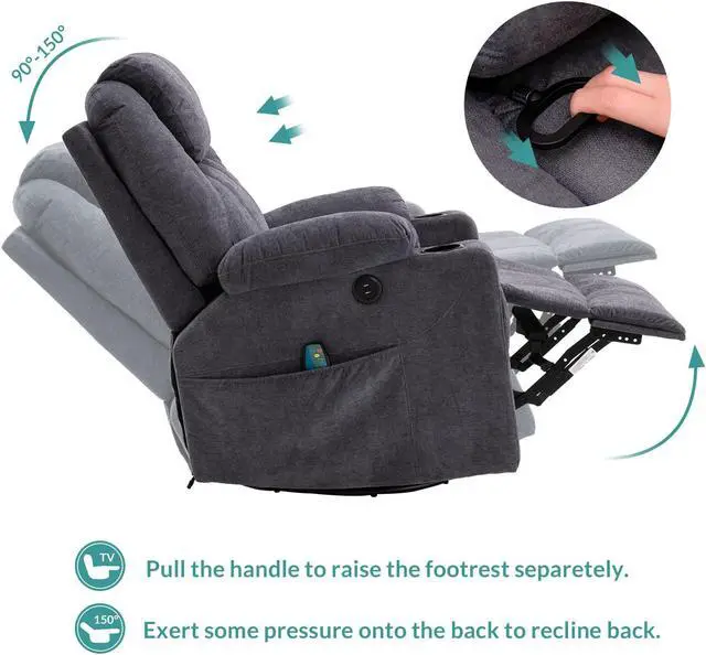 Alt view image 5 of 7 - MEETWARM Swivel Rocker Massage Recliner Chair with Heat Ergonomic, Manual Glider Rocking Recliner Chair, 360° Swivel Lounge Reclining Chair with Cup Holders/4 Pockets/Remote Control/USB Ports (Gray)