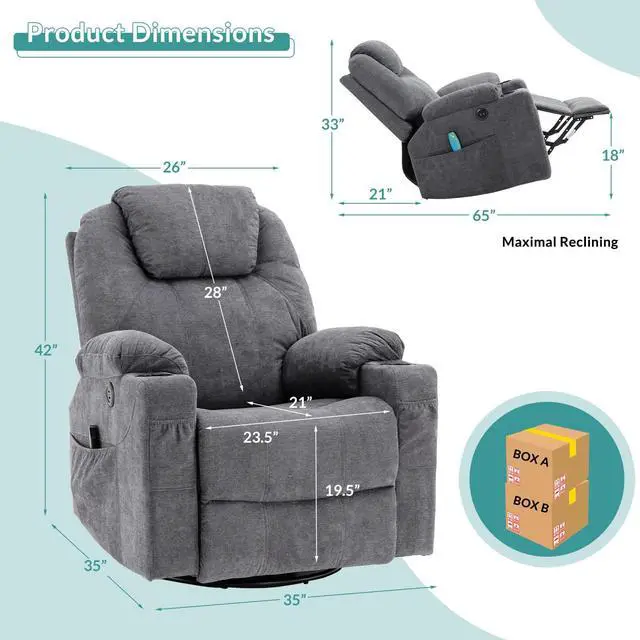 Alt view image 6 of 7 - MEETWARM Swivel Rocker Massage Recliner Chair with Heat Ergonomic, Manual Glider Rocking Recliner Chair, 360° Swivel Lounge Reclining Chair with Cup Holders/4 Pockets/Remote Control/USB Ports (Gray)