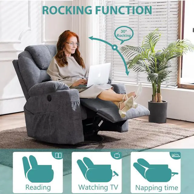 Alt view image 7 of 7 - MEETWARM Swivel Rocker Massage Recliner Chair with Heat Ergonomic, Manual Glider Rocking Recliner Chair, 360° Swivel Lounge Reclining Chair with Cup Holders/4 Pockets/Remote Control/USB Ports (Gray)
