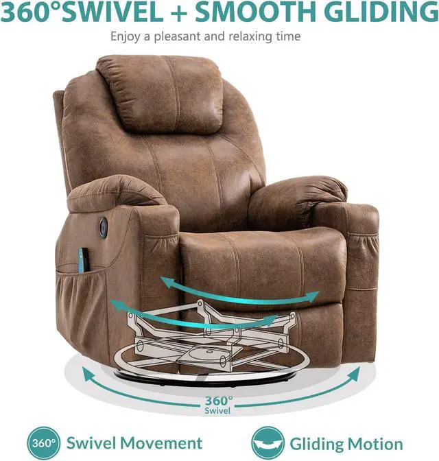 Alt view image 2 of 7 - MEETWARM Swivel Rocker Massage Recliner Chair with Heat Ergonomic, Manual Glider Rocking Recliner Chair, 360° Swivel Lounge Reclining Chair with 4 Pockets/Cup Holders/Remote Control/USB Ports (Brown)